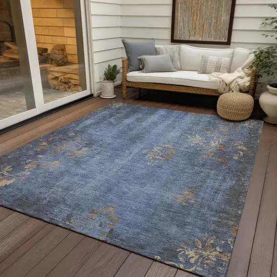 Denim Blue And Beige Floral Washable Indoor Outdoor Area Rug Photo 5
