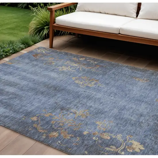 Denim Blue And Beige Floral Washable Indoor Outdoor Area Rug Photo 2