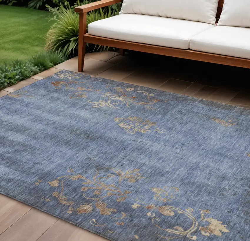 Denim Blue And Beige Floral Washable Indoor Outdoor Area Rug Photo 2