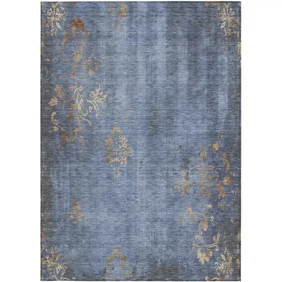 Denim Blue And Beige Floral Washable Indoor Outdoor Area Rug Photo 6
