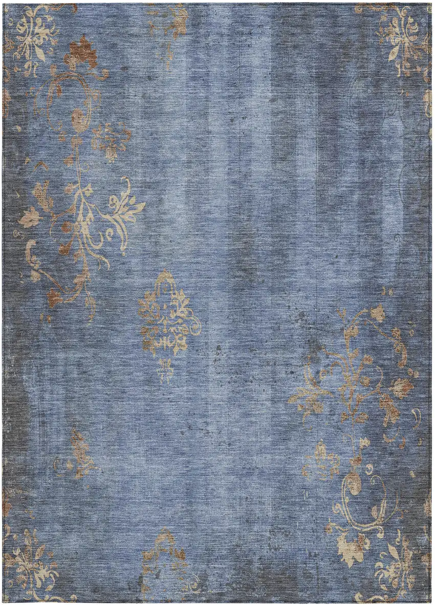 Denim Blue And Beige Floral Washable Indoor Outdoor Area Rug Photo 6