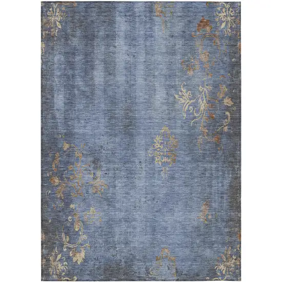 Denim Blue And Beige Floral Washable Indoor Outdoor Area Rug Photo 9