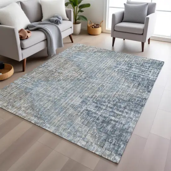 Denim Blue And Beige Geometric Washable Indoor Outdoor Area Rug Photo 5