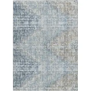 Photo of Denim Blue And Beige Geometric Washable Indoor Outdoor Area Rug