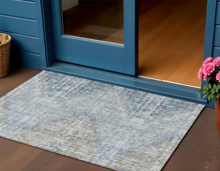Denim Blue And Beige Geometric Washable Indoor Outdoor Area Rug Photo 2