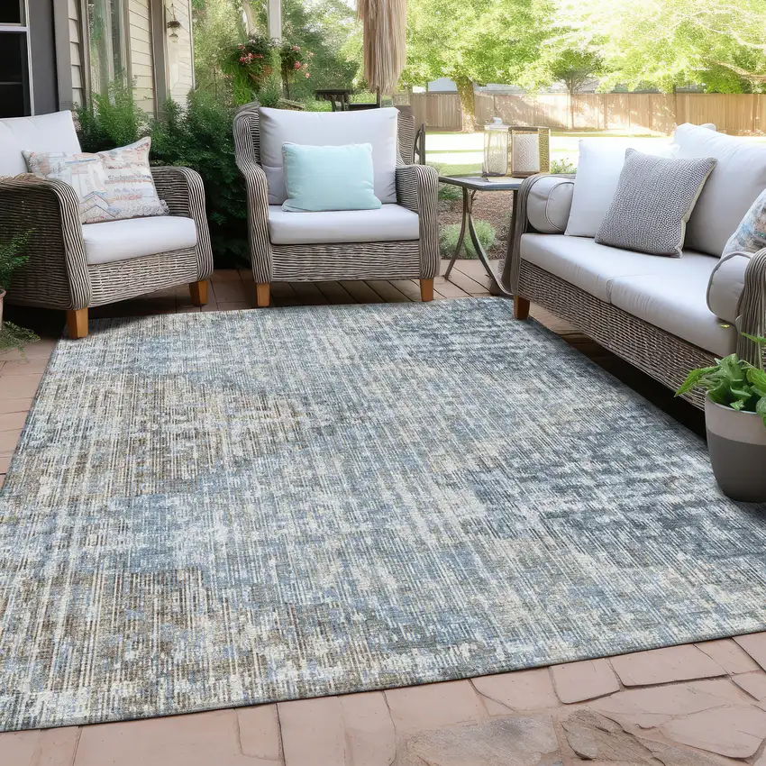 Denim Blue And Beige Geometric Washable Indoor Outdoor Area Rug Photo 4