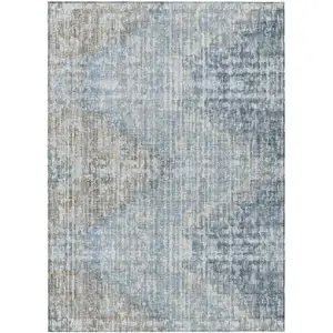 Photo of Denim Blue And Beige Geometric Washable Indoor Outdoor Area Rug