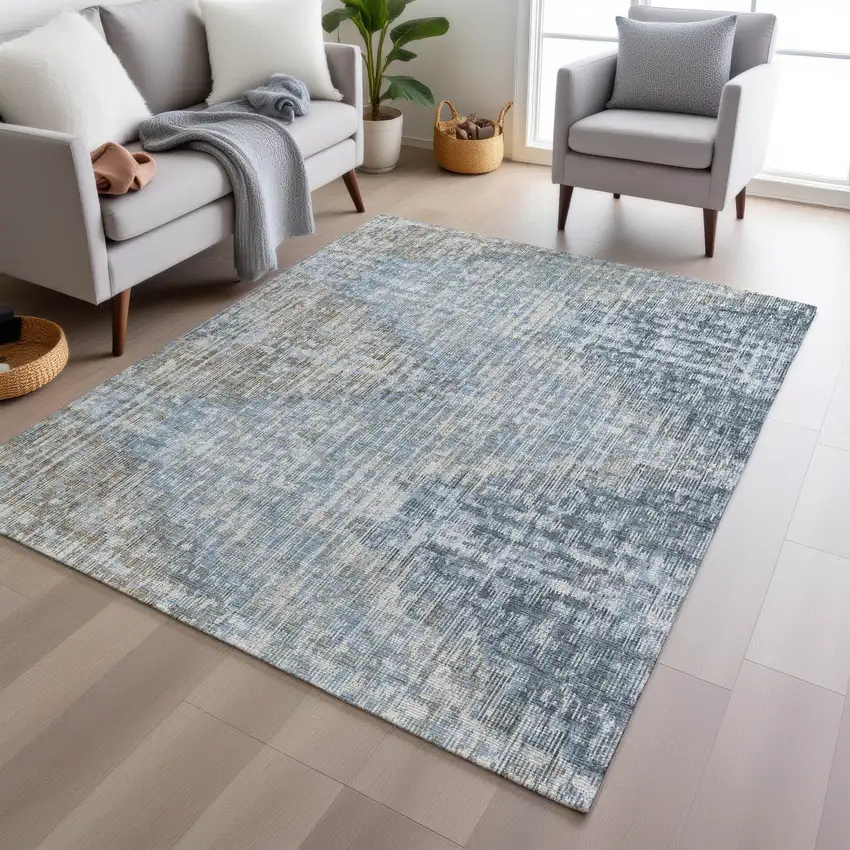 Denim Blue And Beige Geometric Washable Indoor Outdoor Area Rug Photo 6