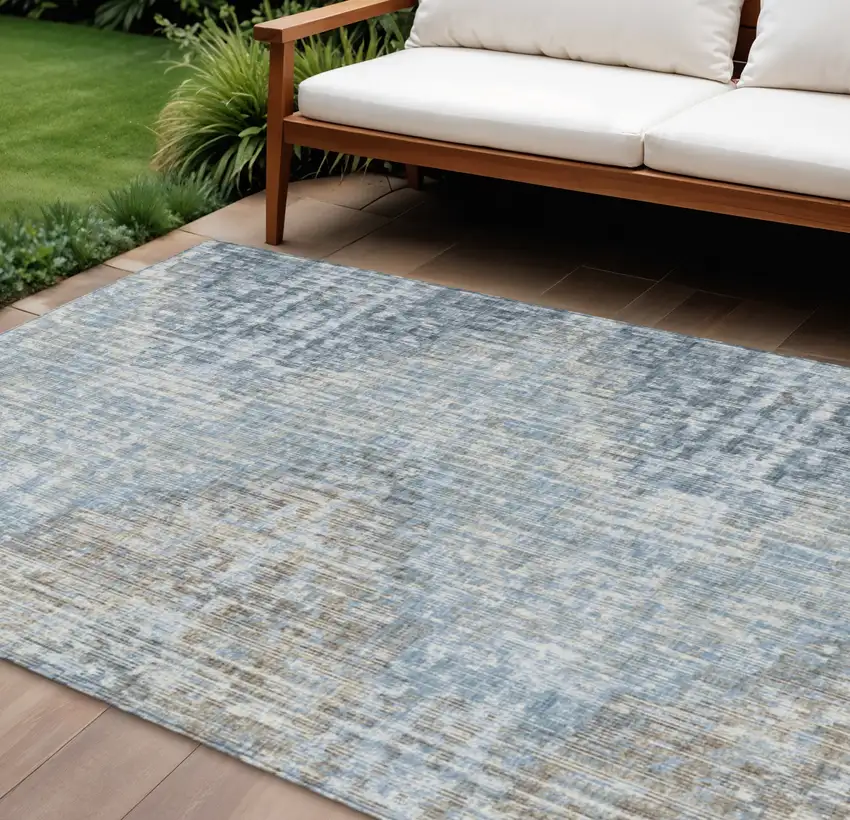 Denim Blue And Beige Geometric Washable Indoor Outdoor Area Rug Photo 2