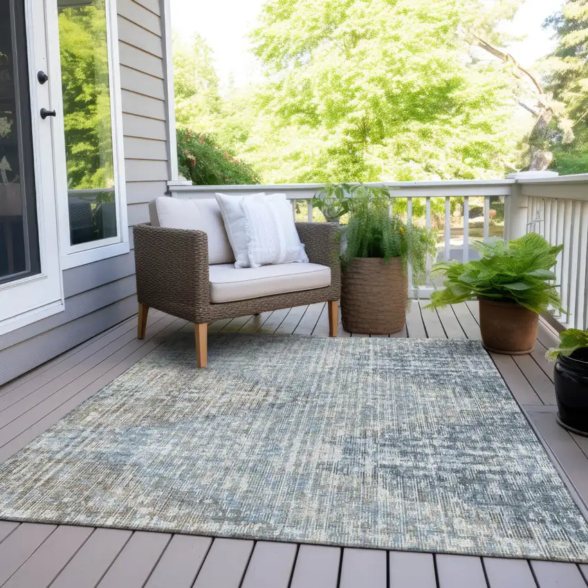 Denim Blue And Beige Geometric Washable Indoor Outdoor Area Rug Photo 7