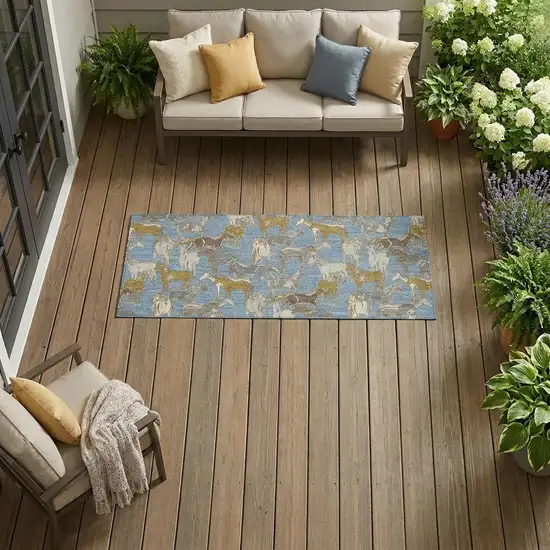 Denim Blue And Beige Horse Washable Indoor Outdoor Area Rug Photo 1