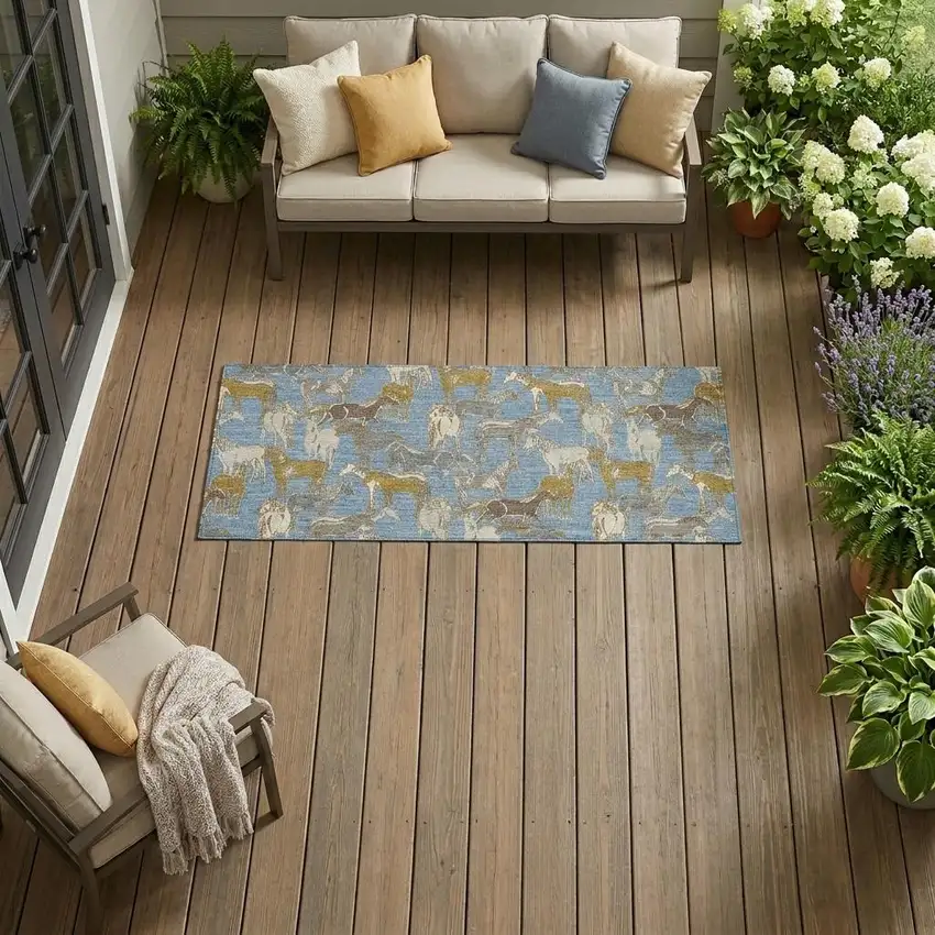 Denim Blue And Beige Horse Washable Indoor Outdoor Area Rug Photo 1