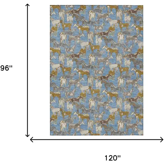 Denim Blue And Beige Horse Washable Indoor Outdoor Area Rug Photo 7
