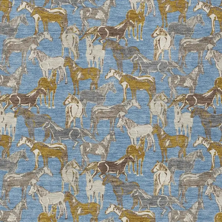 Denim Blue And Beige Horse Washable Indoor Outdoor Area Rug Photo 3