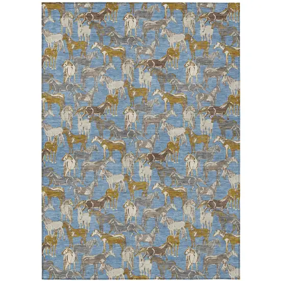 Denim Blue And Beige Horse Washable Indoor Outdoor Area Rug Photo 2