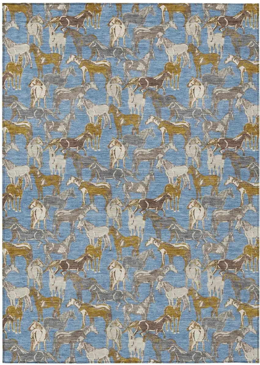 Denim Blue And Beige Horse Washable Indoor Outdoor Area Rug Photo 2