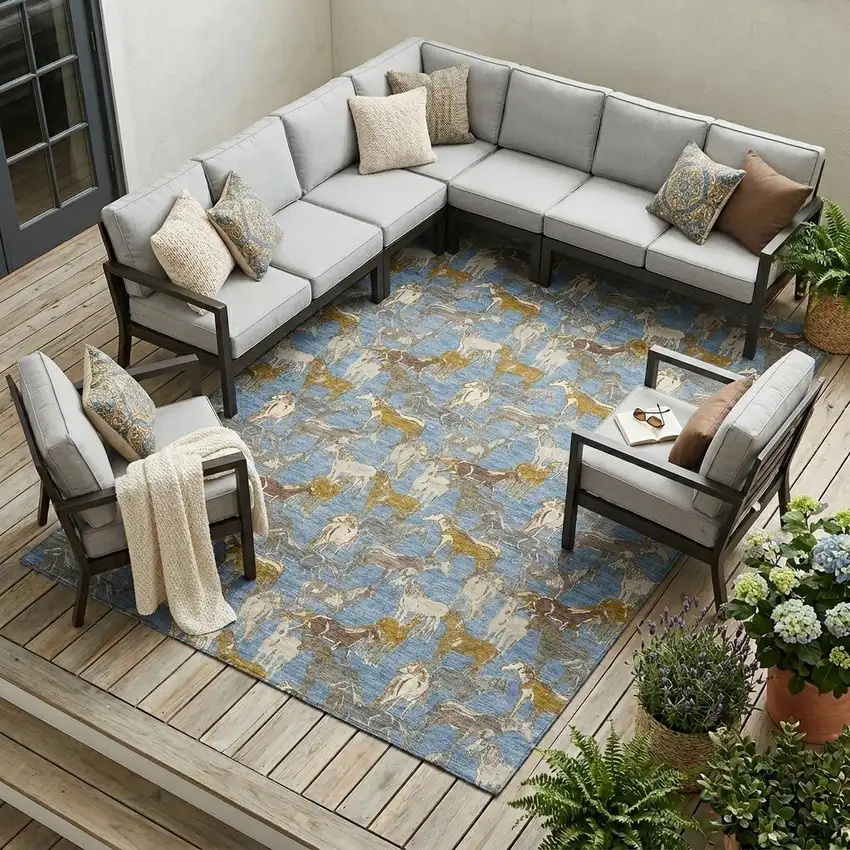 Denim Blue And Beige Horse Washable Indoor Outdoor Area Rug Photo 1