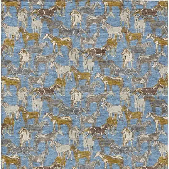 Denim Blue And Beige Horse Washable Indoor Outdoor Area Rug Photo 4