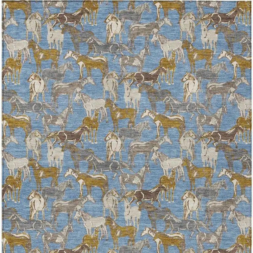 Denim Blue And Beige Horse Washable Indoor Outdoor Area Rug Photo 4