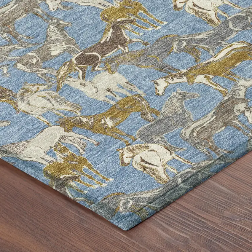 Denim Blue And Beige Horse Washable Indoor Outdoor Area Rug Photo 5