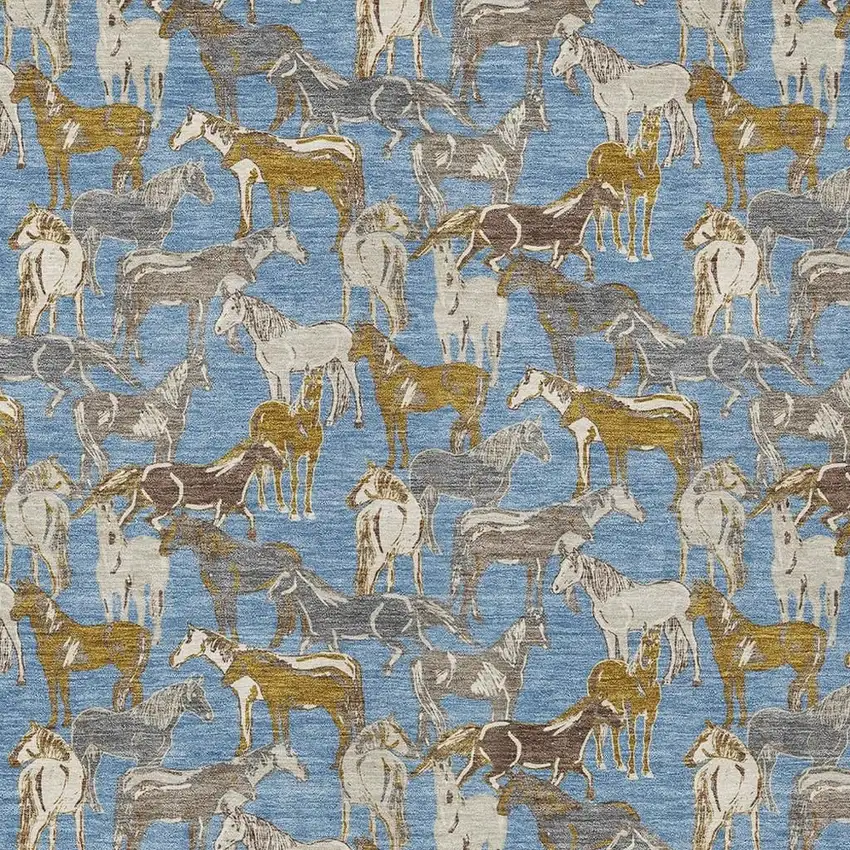 Denim Blue And Beige Horse Washable Indoor Outdoor Area Rug Photo 3