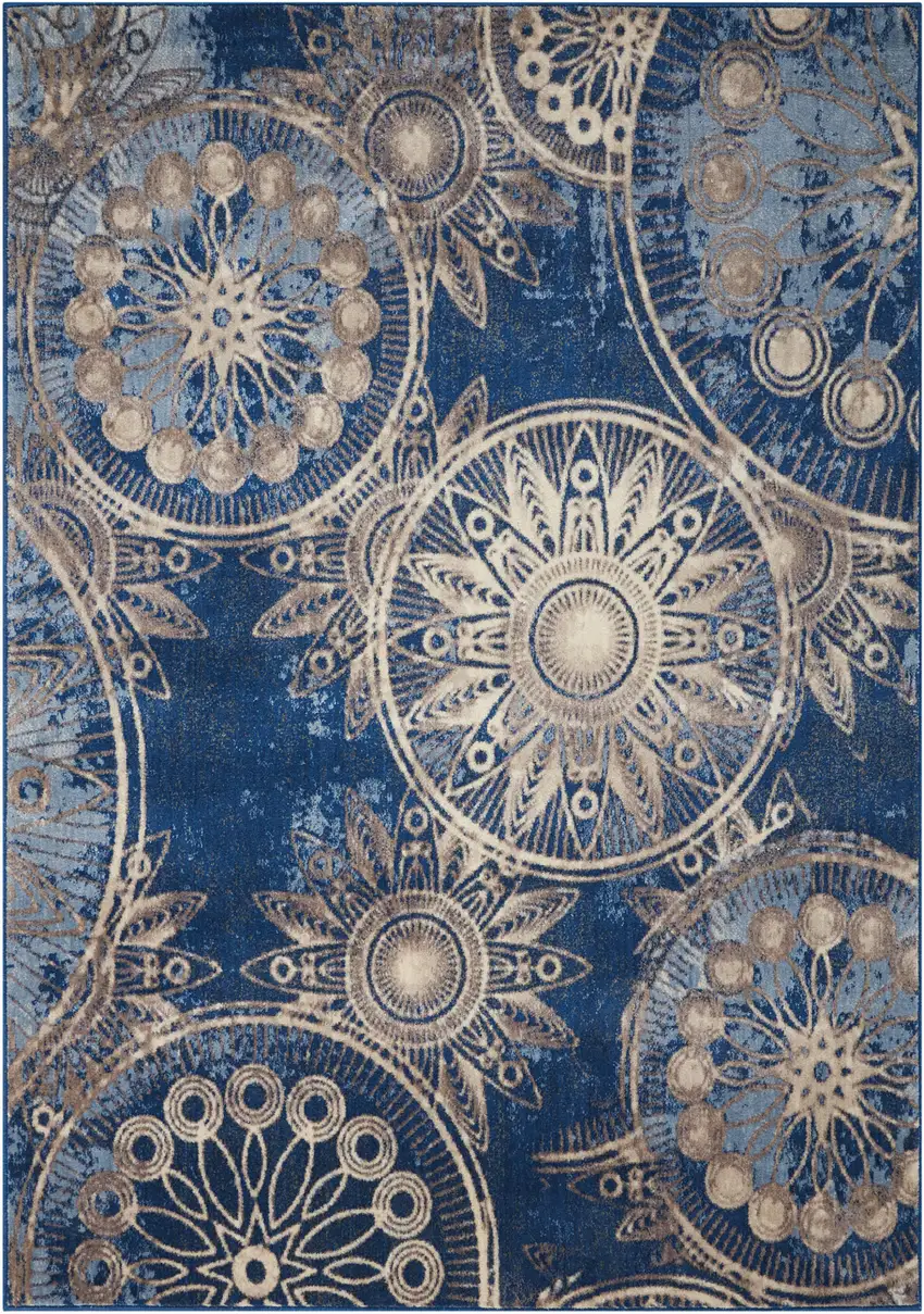 Denim Blue And Beige Medallion Non Skid Area Rug Photo 4