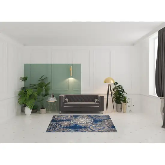 Denim Blue And Beige Medallion Non Skid Area Rug Photo 1