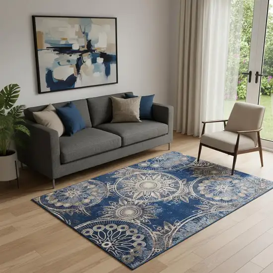 Denim Blue And Beige Medallion Non Skid Area Rug Photo 1