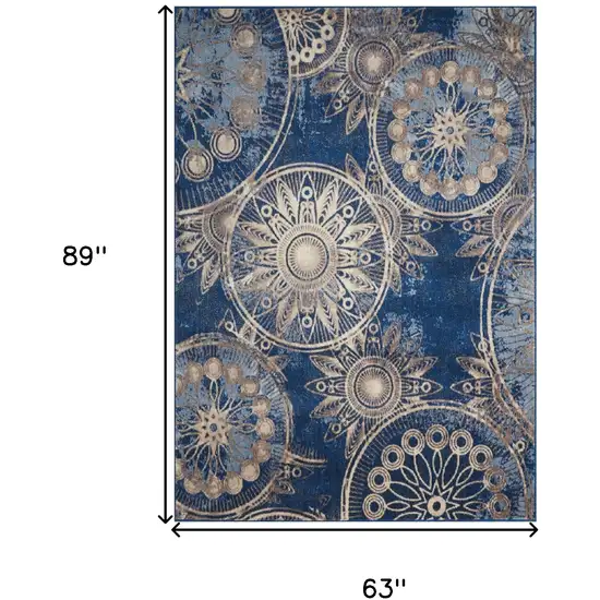 Denim Blue And Beige Medallion Non Skid Area Rug Photo 3