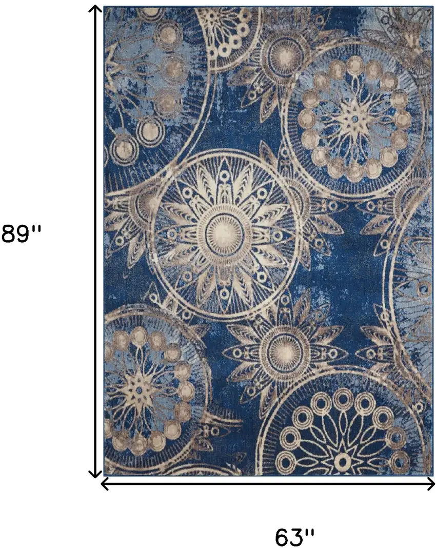 Denim Blue And Beige Medallion Non Skid Area Rug Photo 3