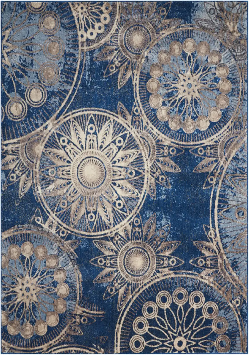 Denim Blue And Beige Medallion Non Skid Area Rug Photo 2