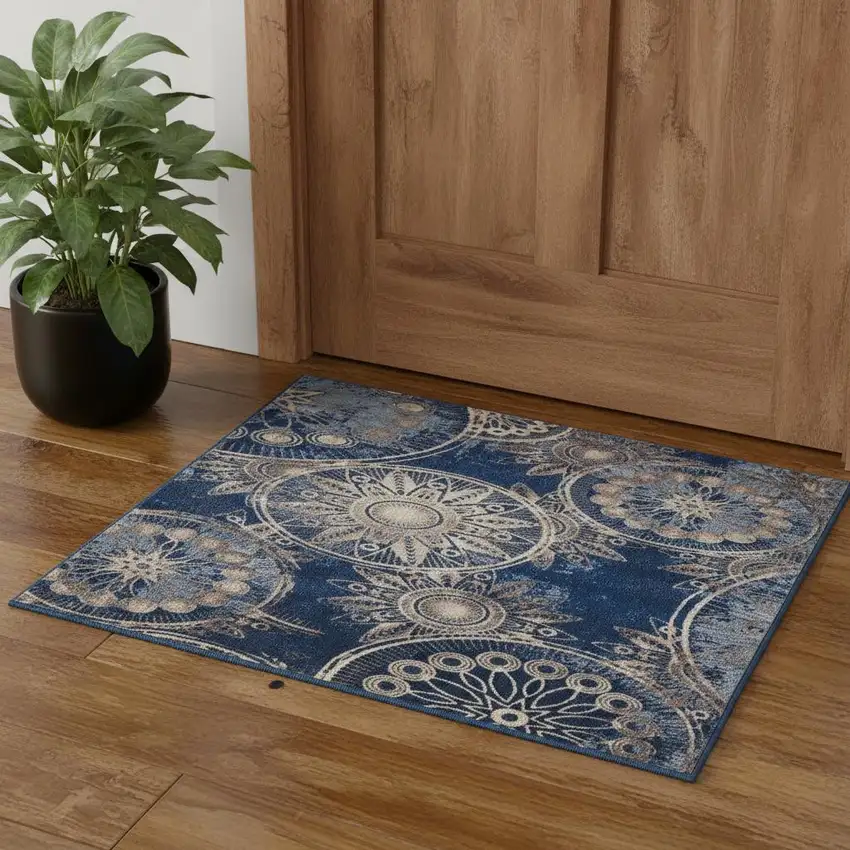 Denim Blue And Beige Medallion Non Skid Area Rug Photo 1