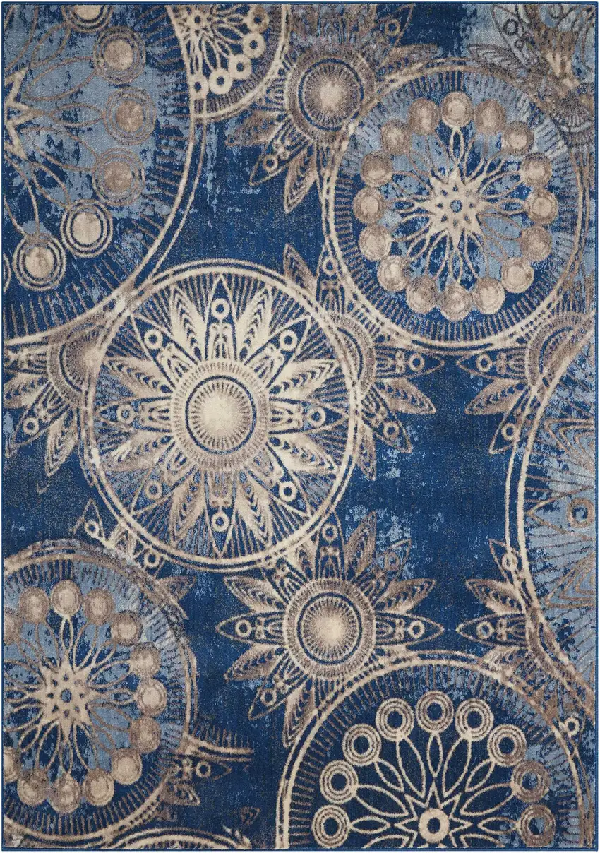 Denim Blue And Beige Medallion Non Skid Area Rug Photo 2