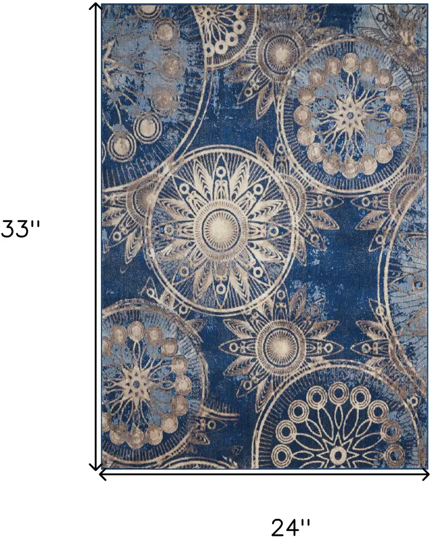 Denim Blue And Beige Medallion Non Skid Area Rug Photo 3
