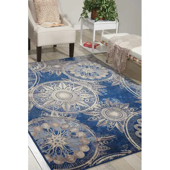 Denim Blue And Beige Medallion Non Skid Area Rug Photo 5