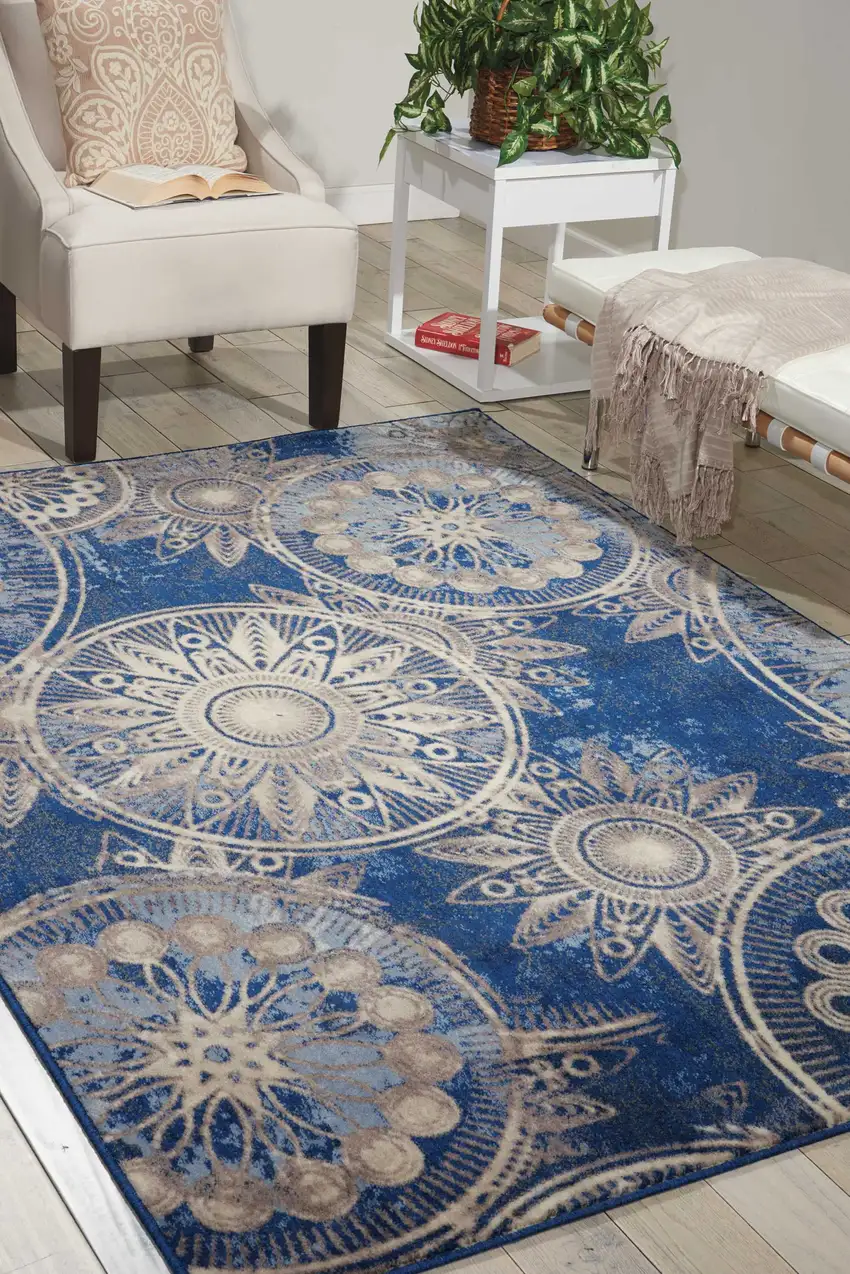 Denim Blue And Beige Medallion Non Skid Area Rug Photo 5