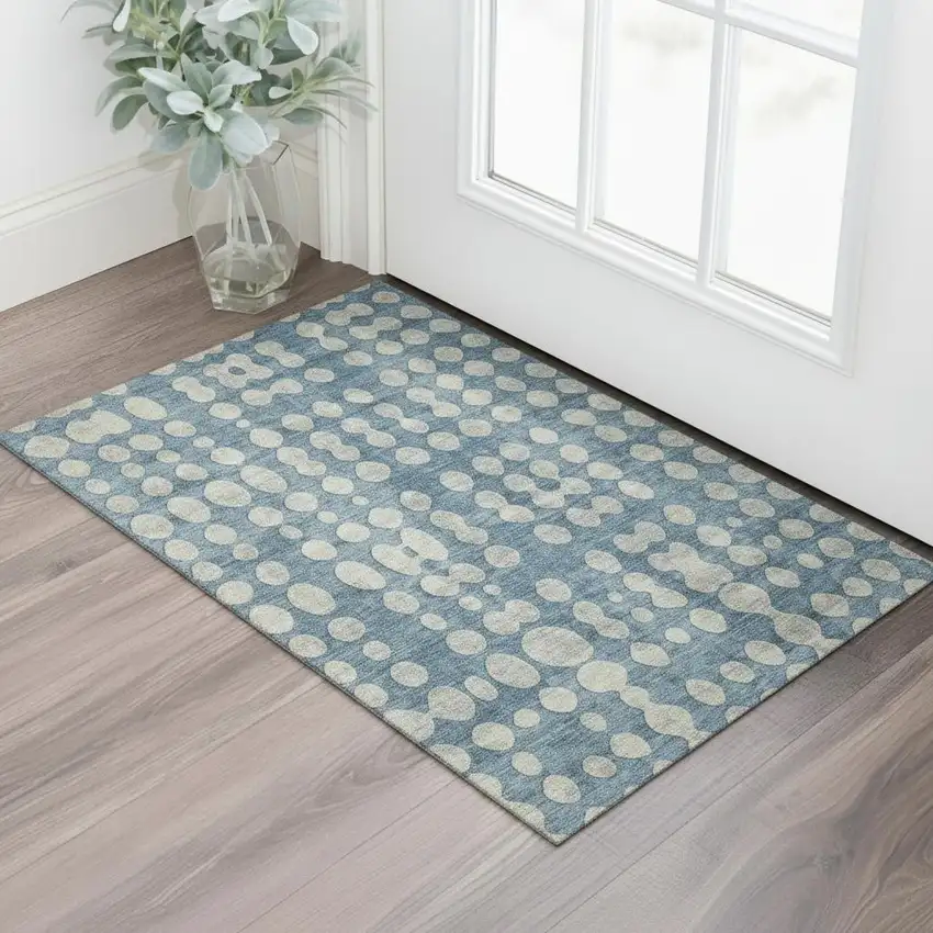 Denim Blue And Beige Polka Dot Washable Area Rug With UV Protection Photo 1