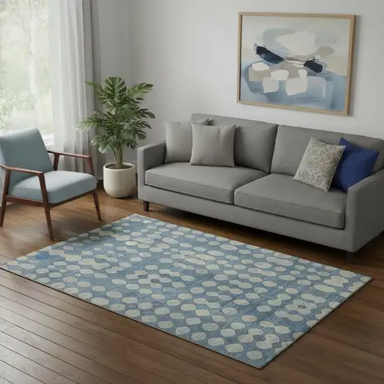 Denim Blue And Beige Polka Dot Washable Area Rug With UV Protection Photo 1