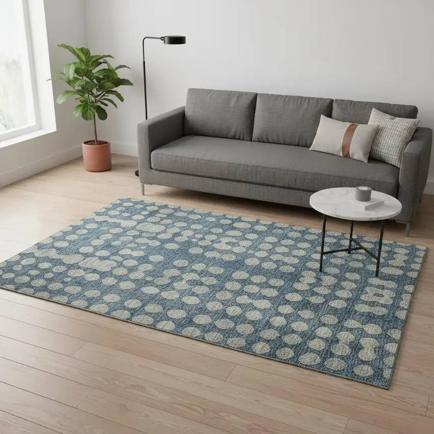 Denim Blue And Beige Polka Dot Washable Area Rug With UV Protection Photo 2