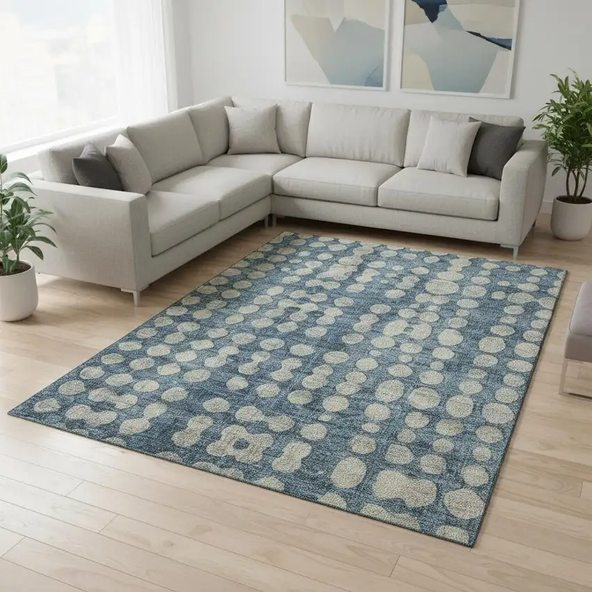 Denim Blue And Beige Polka Dot Washable Area Rug With UV Protection Photo 2