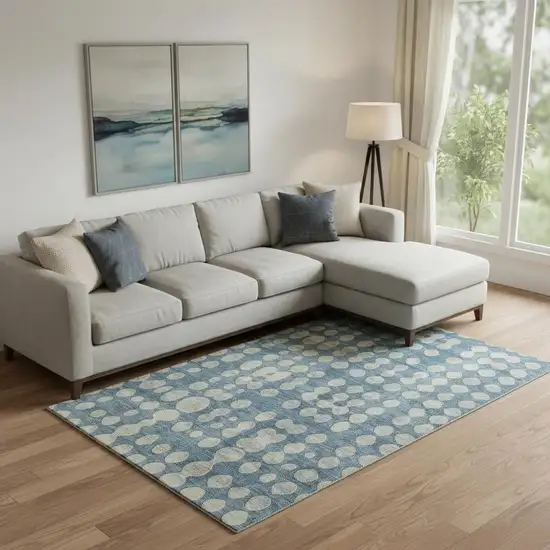 Denim Blue And Beige Polka Dot Washable Area Rug With UV Protection Photo 1