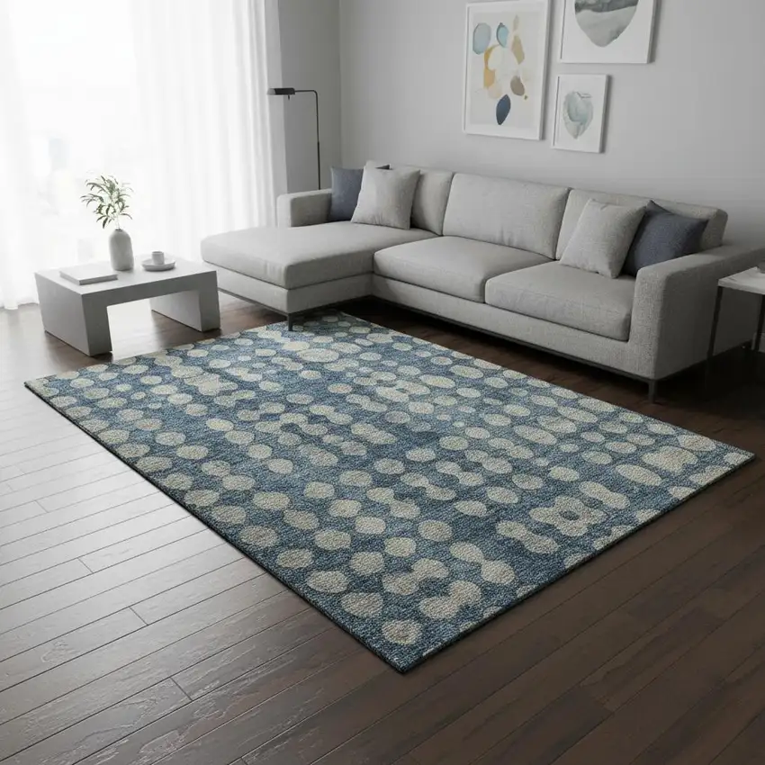 Denim Blue And Beige Polka Dot Washable Area Rug With UV Protection Photo 2