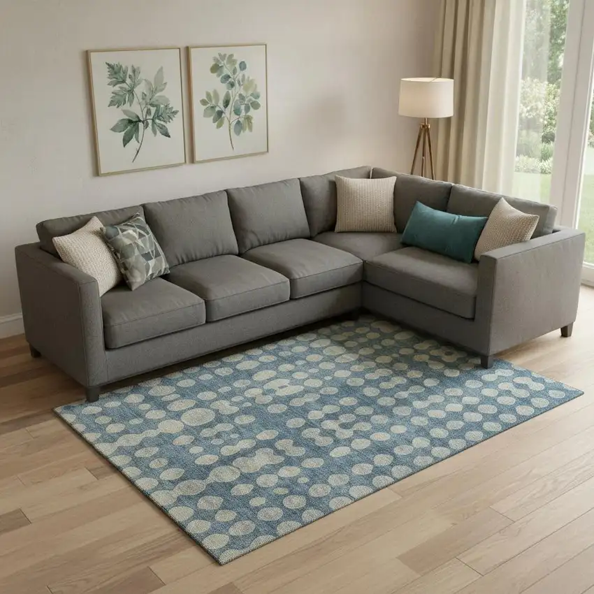 Denim Blue And Beige Polka Dot Washable Area Rug With UV Protection Photo 1