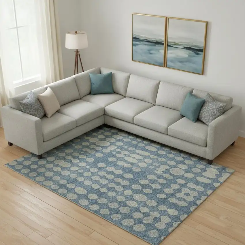 Denim Blue And Beige Polka Dot Washable Area Rug With UV Protection Photo 1