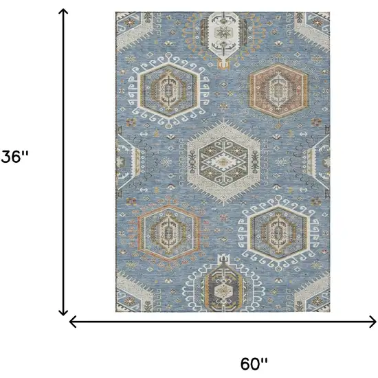 Denim Blue And Beige Tribal Washable Indoor Outdoor Area Rug Photo 5