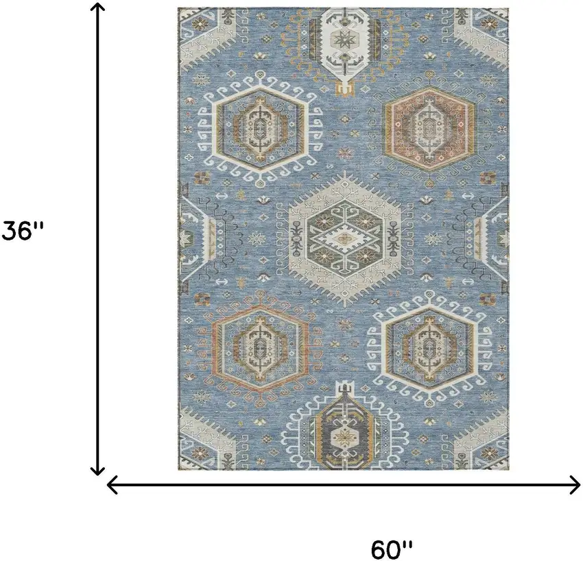 Denim Blue And Beige Tribal Washable Indoor Outdoor Area Rug Photo 5
