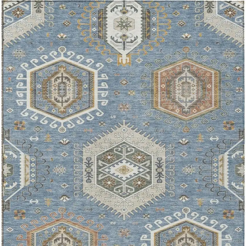 Denim Blue And Beige Tribal Washable Indoor Outdoor Area Rug Photo 3