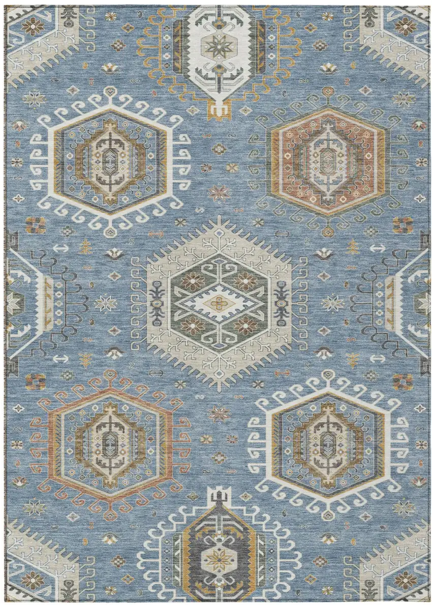 Denim Blue And Beige Tribal Washable Indoor Outdoor Area Rug Photo 1