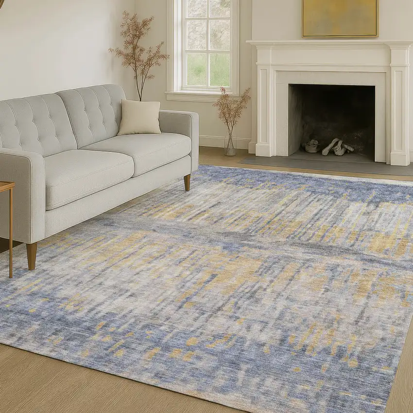Denim Blue And Blue Abstract Washable Indoor Outdoor Area Rug Photo 6