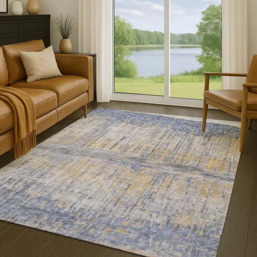 Denim Blue And Blue Abstract Washable Indoor Outdoor Area Rug Photo 5